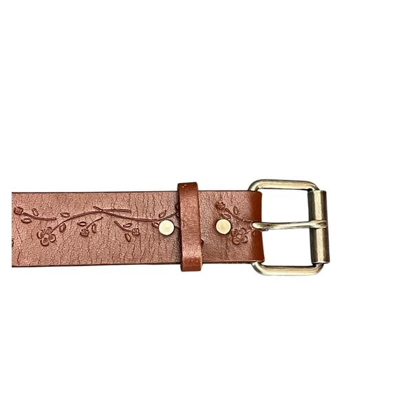 90s Y2k Boho Brown Genuine Leather Tooled Floral Design Belt Women Large 33"-37" - Picture 3 of 8